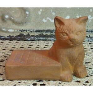 Vintage Terra Cotta Cat Figurine Candle Holder 3" (read)